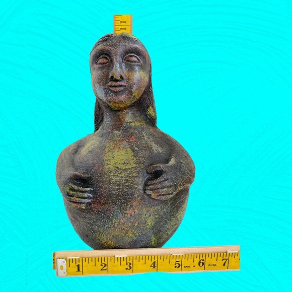 Vtg Peruvian Folk Art Pottery Figurine Chulucanas 10” Black Multicolor Overwash - Picture 6 of 11